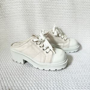 Mudd Y2K White Canvas Lug Sole Platform Square Toe Mule Slip On Lace Up Shoes 7